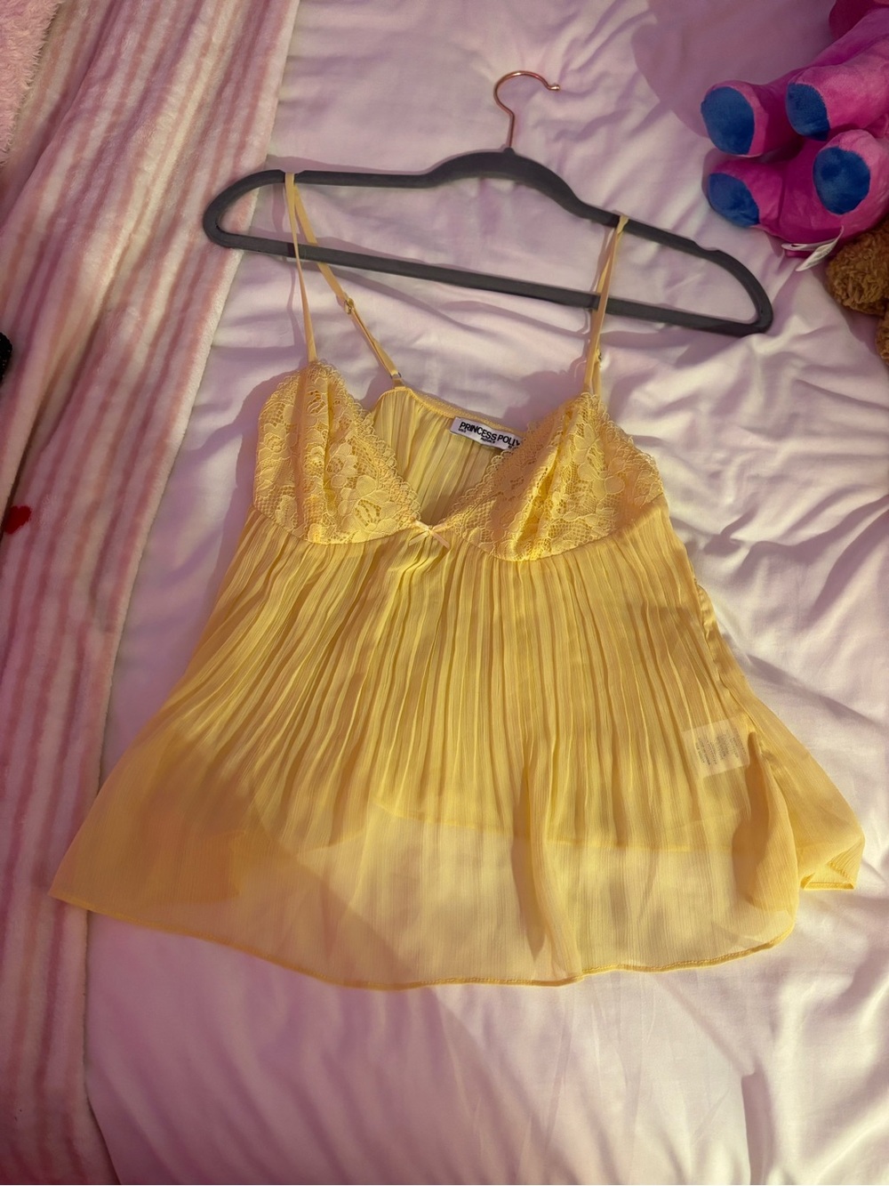 Yellow Pleated Lace Babydoll Cami Top